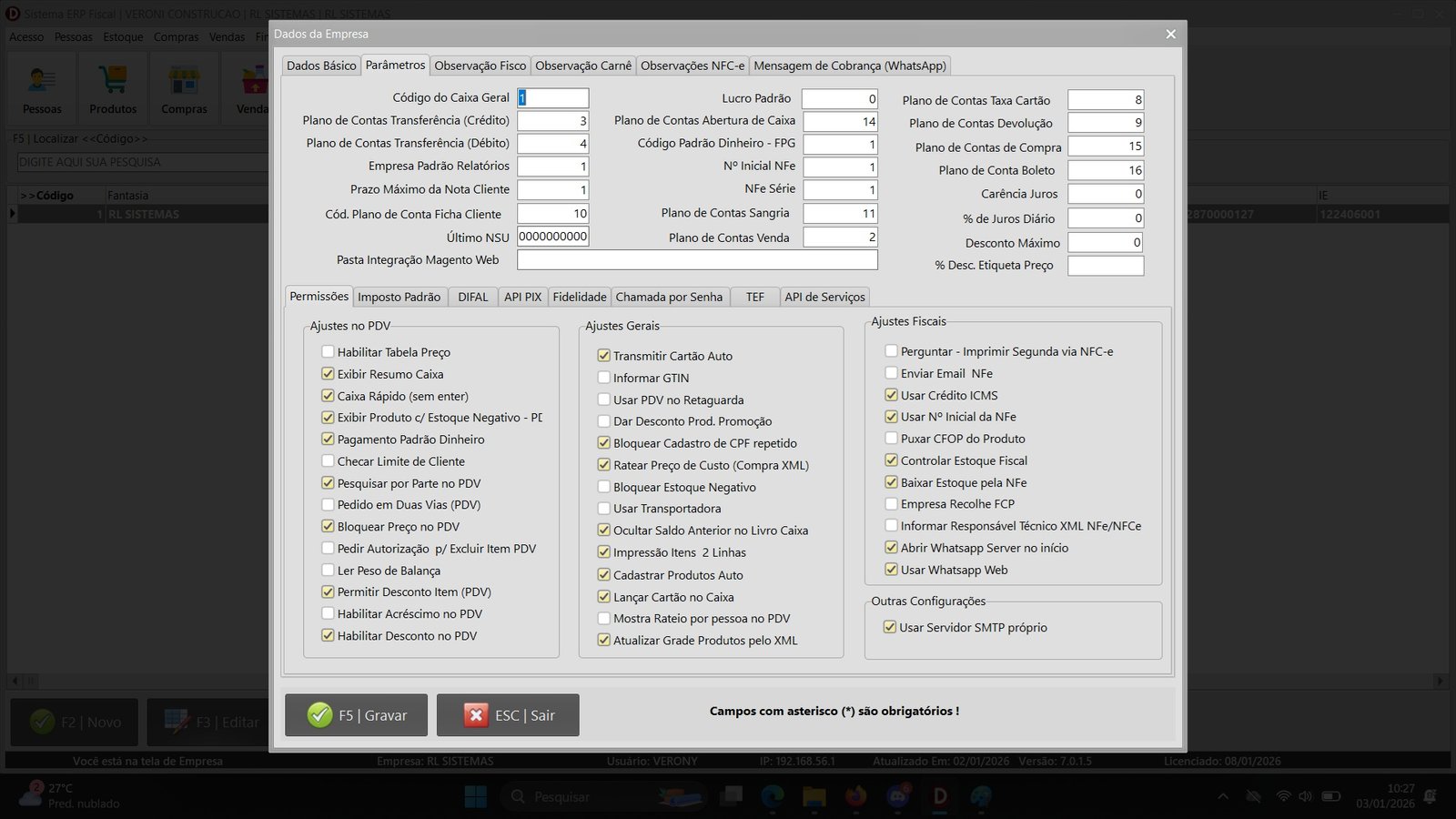 Parâmetros da Empresa